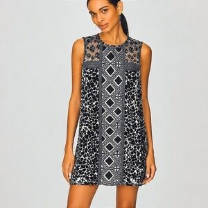 Lucky Brand Women XS Velvet Sequin Lace Shift Dress Navy Blue Cocktail Boho Chic